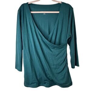 XL Soft Surroundings Faux Wrap Teal Green Top Pima Cotton Blend 3/4 Sleeve Comfy